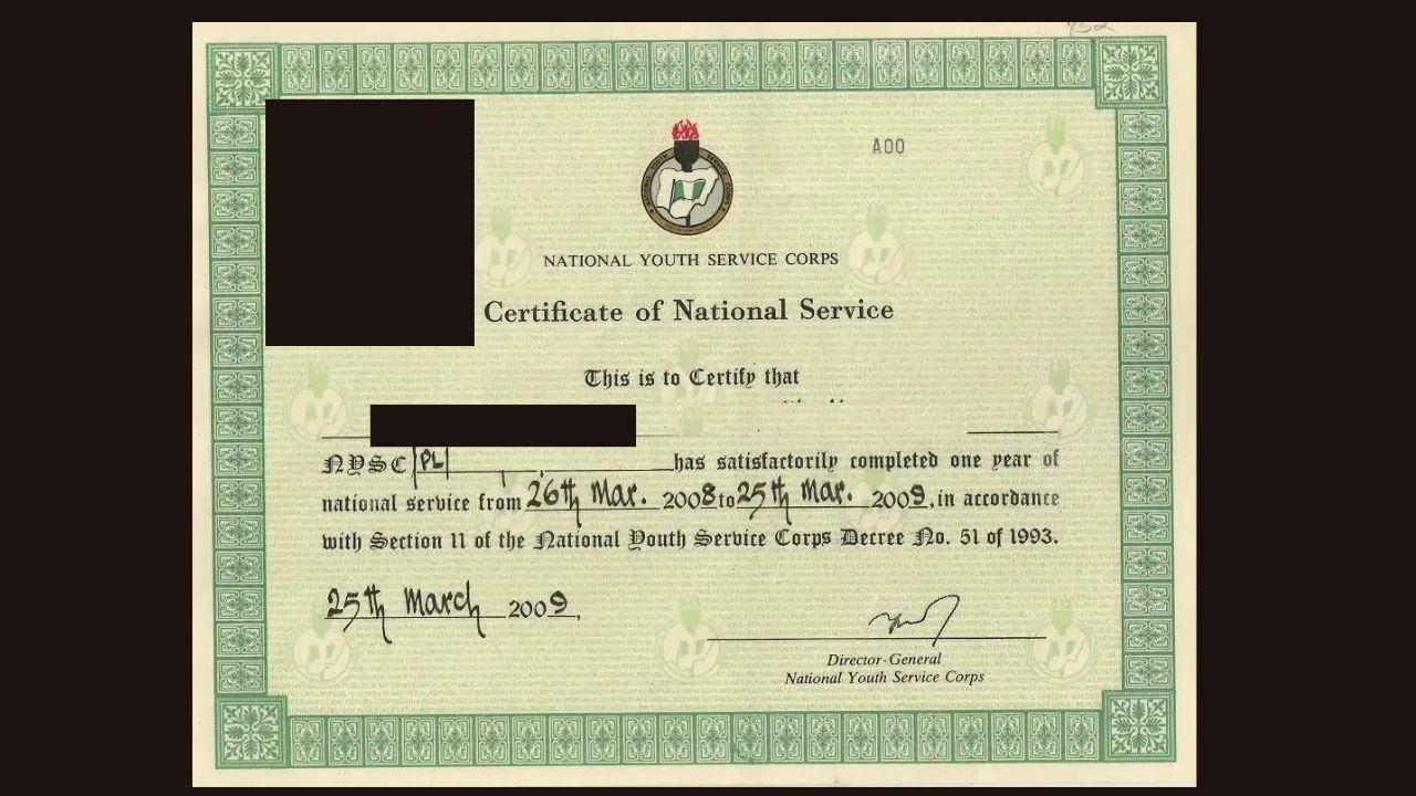A close-up of an official NYSC discharge certificate