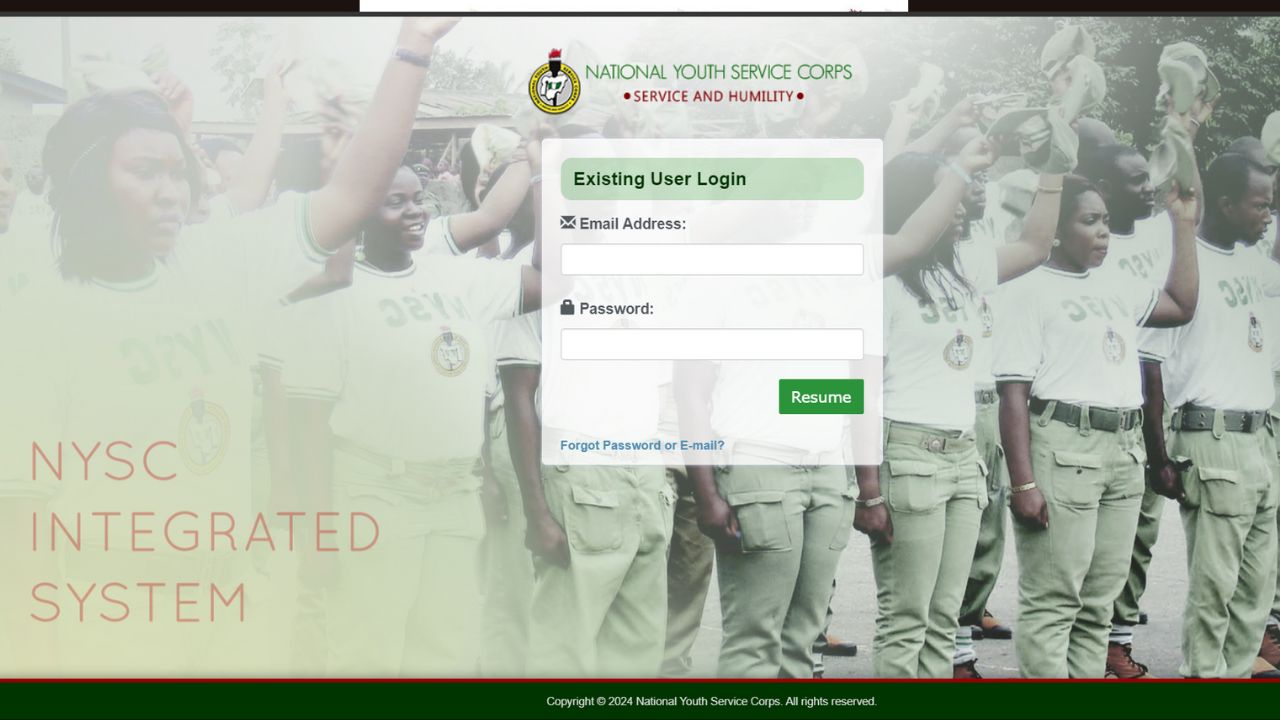 NYSC online portal homepage screenshot