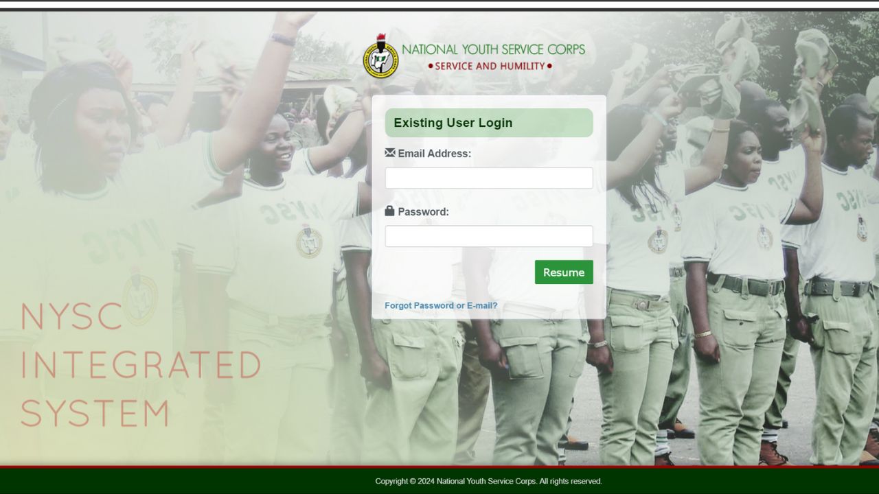 A screenshot of the login section on the NYSC portal.