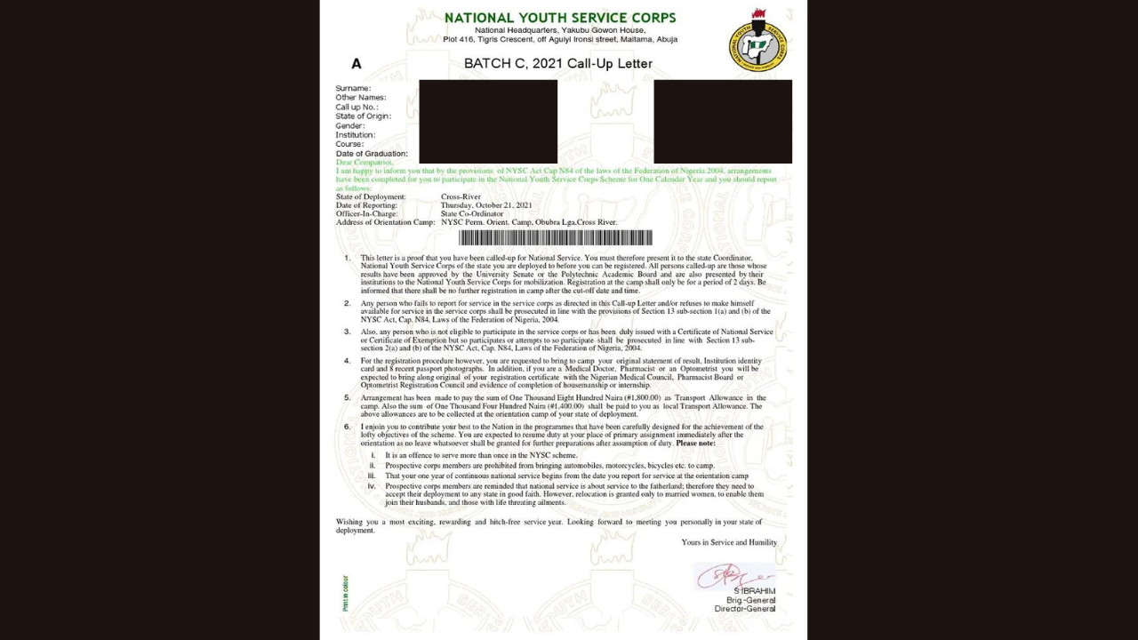 Close-up of NYSC call-up letter