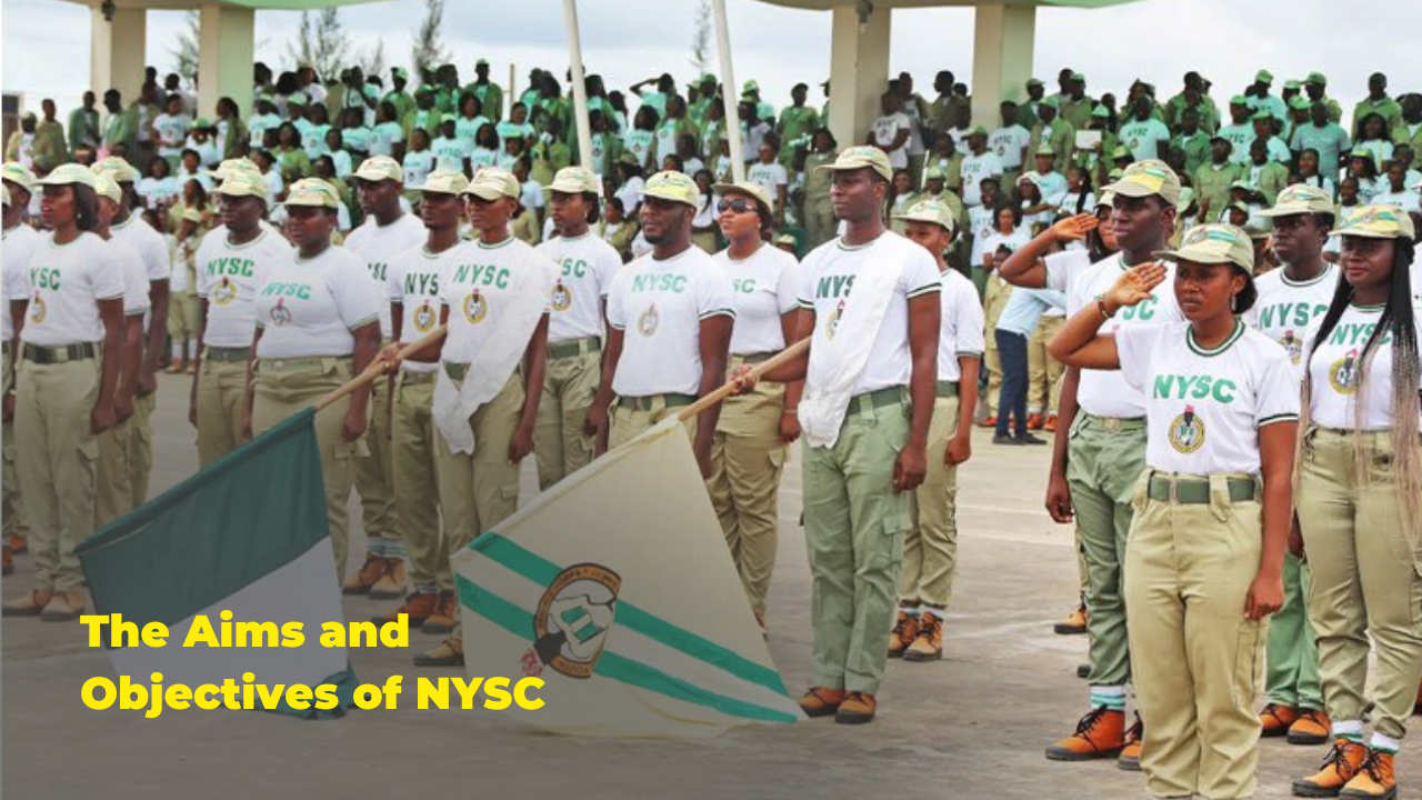 NYSC Orientation Camp: A group of diverse young adults in NYSC uniforms marching on a parade ground.