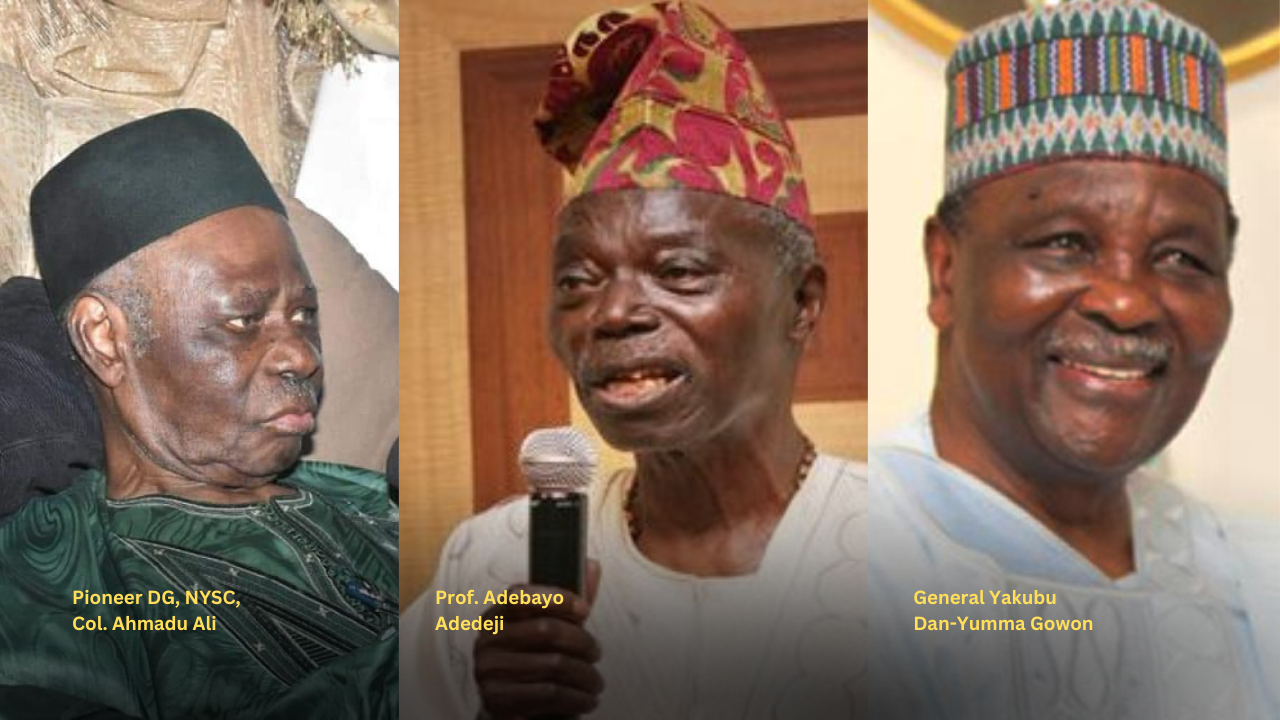 Image of Pioneer DG, NYSC, Col. Ahmadu Ali, Yakubu Gowon and Adebayo Adedeji